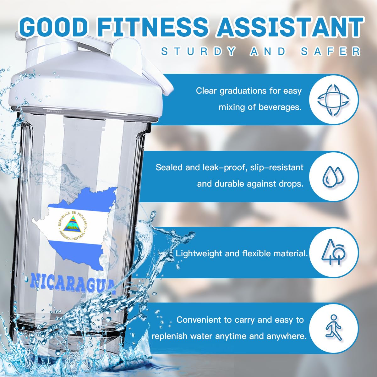 Nicaragua Map Flag 18 Ounce Shaker Cup,Fashion Theme Pattern Shaker Bottle Leak-proof Workout Shake Bottles 500ML/18 oz Perfect for Pre Workout