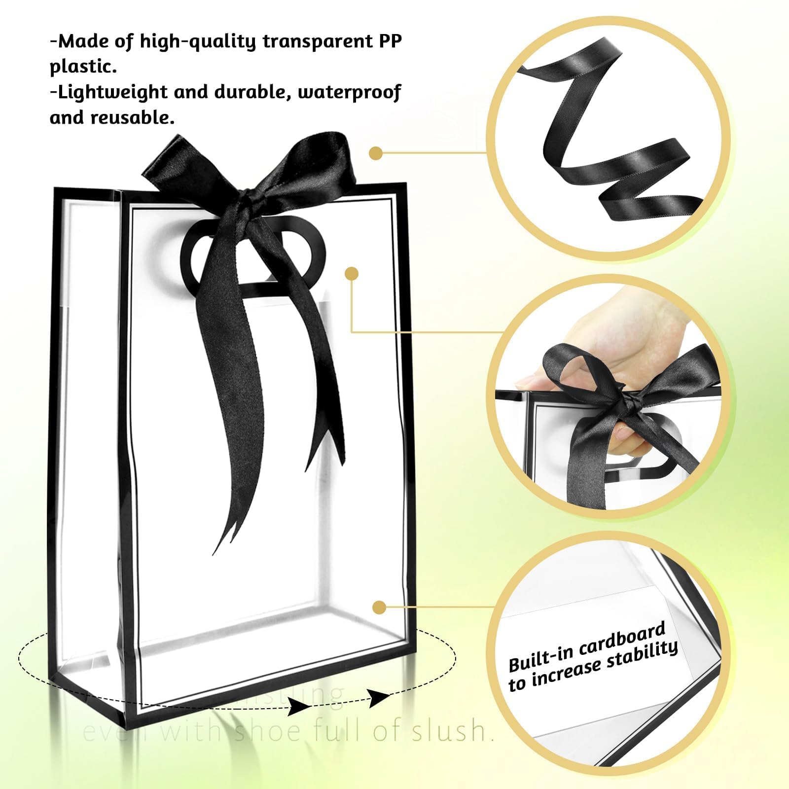 BadenBach 20 PCS Clear Gift Bags with Handles,7"x10"x3.2", Reusable Clear Party Favor Bags with Ribbon,Transparent Plastic Gift Bags for Bridal Party Baby Shower Wedding Mother's Day,Black
