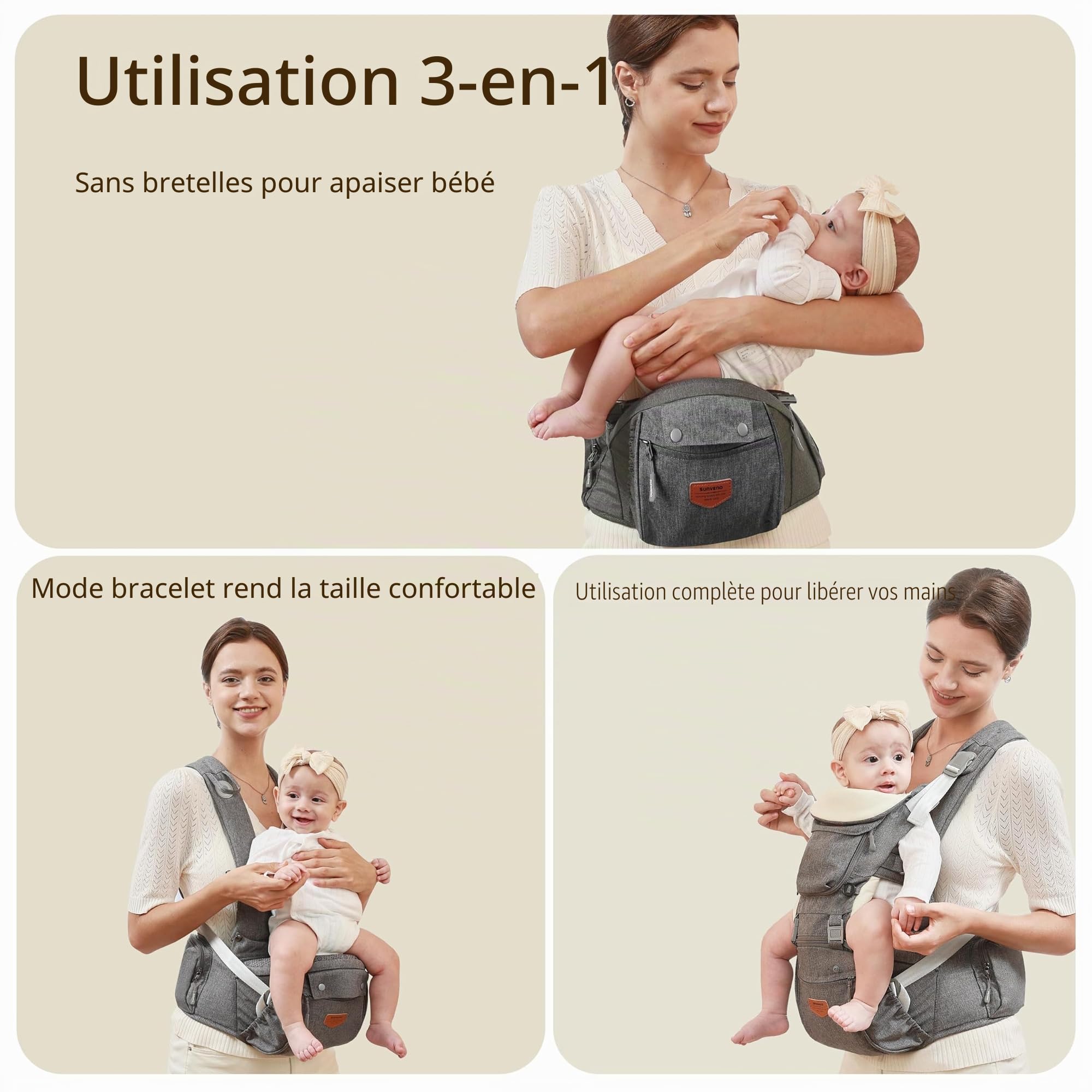 SUNVENO Baby Carrier, 6-in-1 Ergonomic Hipseat Carrier with Breathable Air Mesh, Front and Back Hip Seat Carriers for 7-48 lbs Babies, Padded Shoulder Strap for All Season, Grey