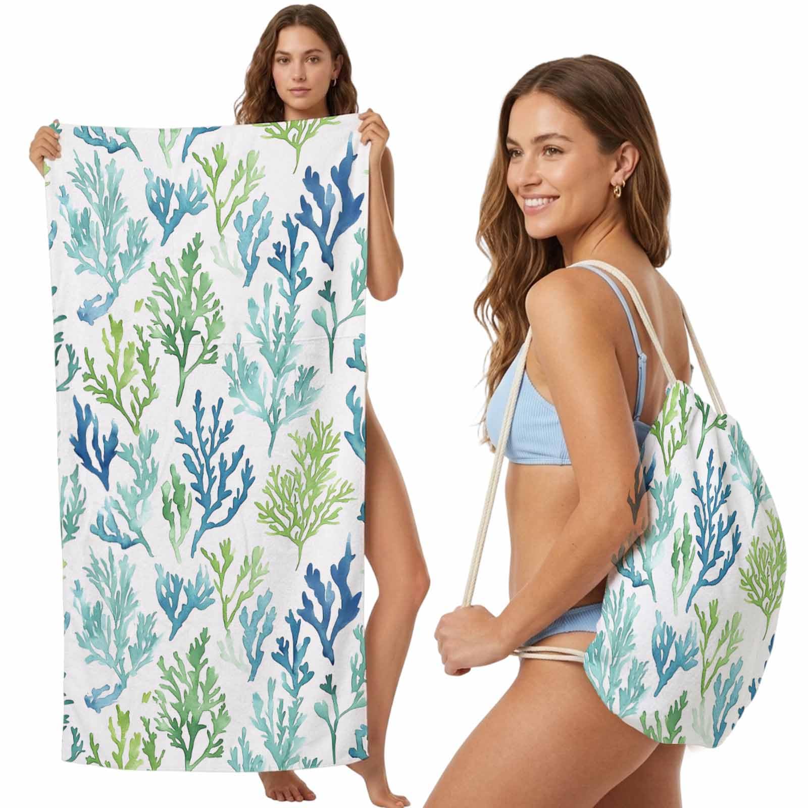 Beach Towel Backpack, Summer Watercolor Marine Coral 2-in-1 Foldable Soft Microfiber Quick Dry Beach Towel 31.5x63in Underwater Colorful Ocean Plant Lightweight Pool Towels Bag for Travel, Yoga, Gym