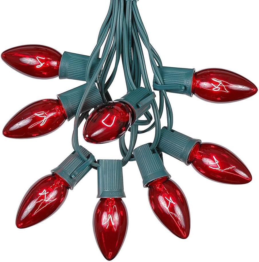 C9 Red Christmas Lights - 25 Ft Hanging String Set for Outdoor & Roofline