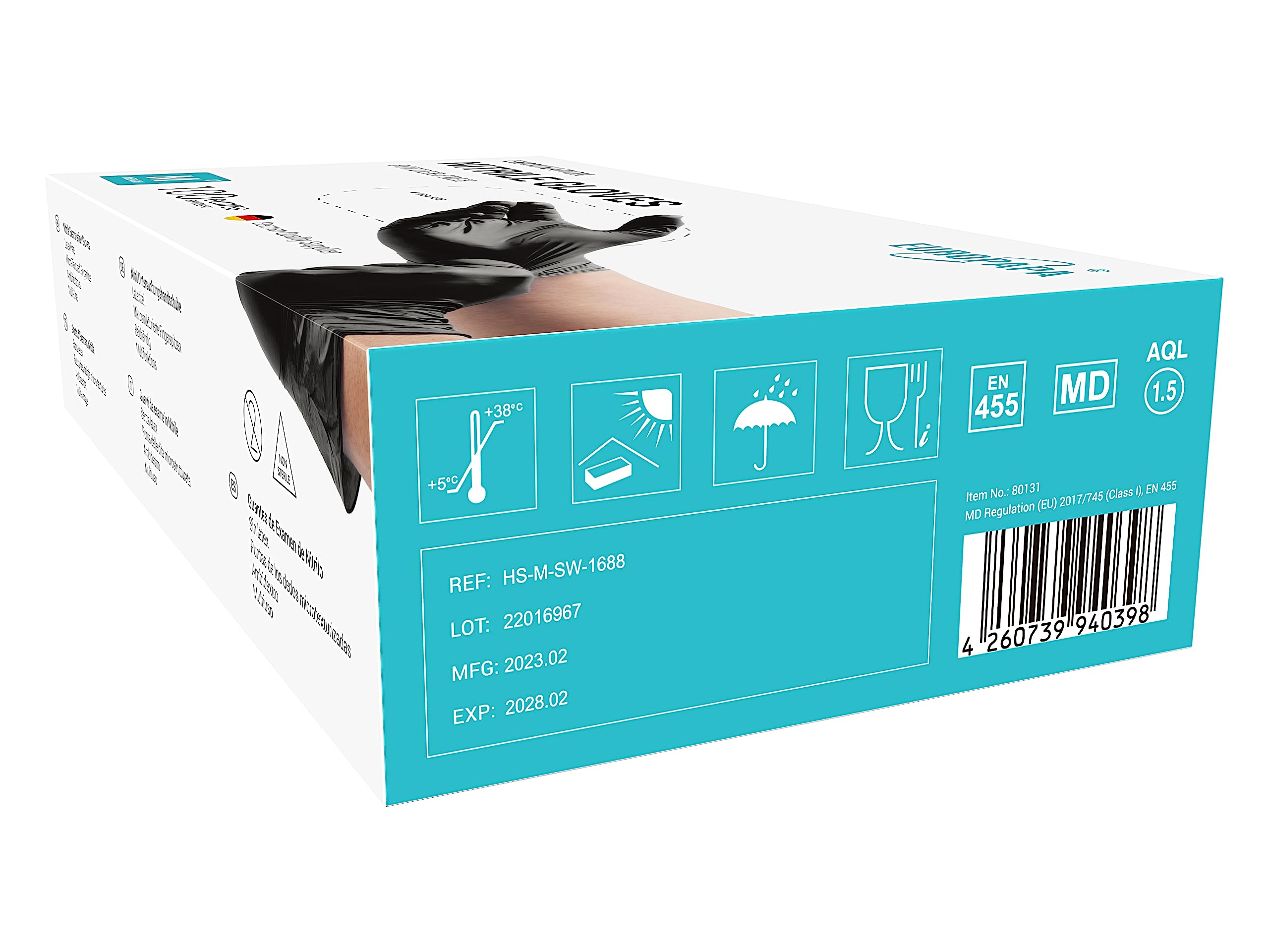 EUROPAPA® 1000x Nitrilhandschuhe Box Einweghandschuhe, Einmalhandschuhe, Untersuchungshandschuhe, Nitril Handschuhe, puderfrei, ohne Latex, unsteril, latexfrei, disposible gloves (L, Schwarz)