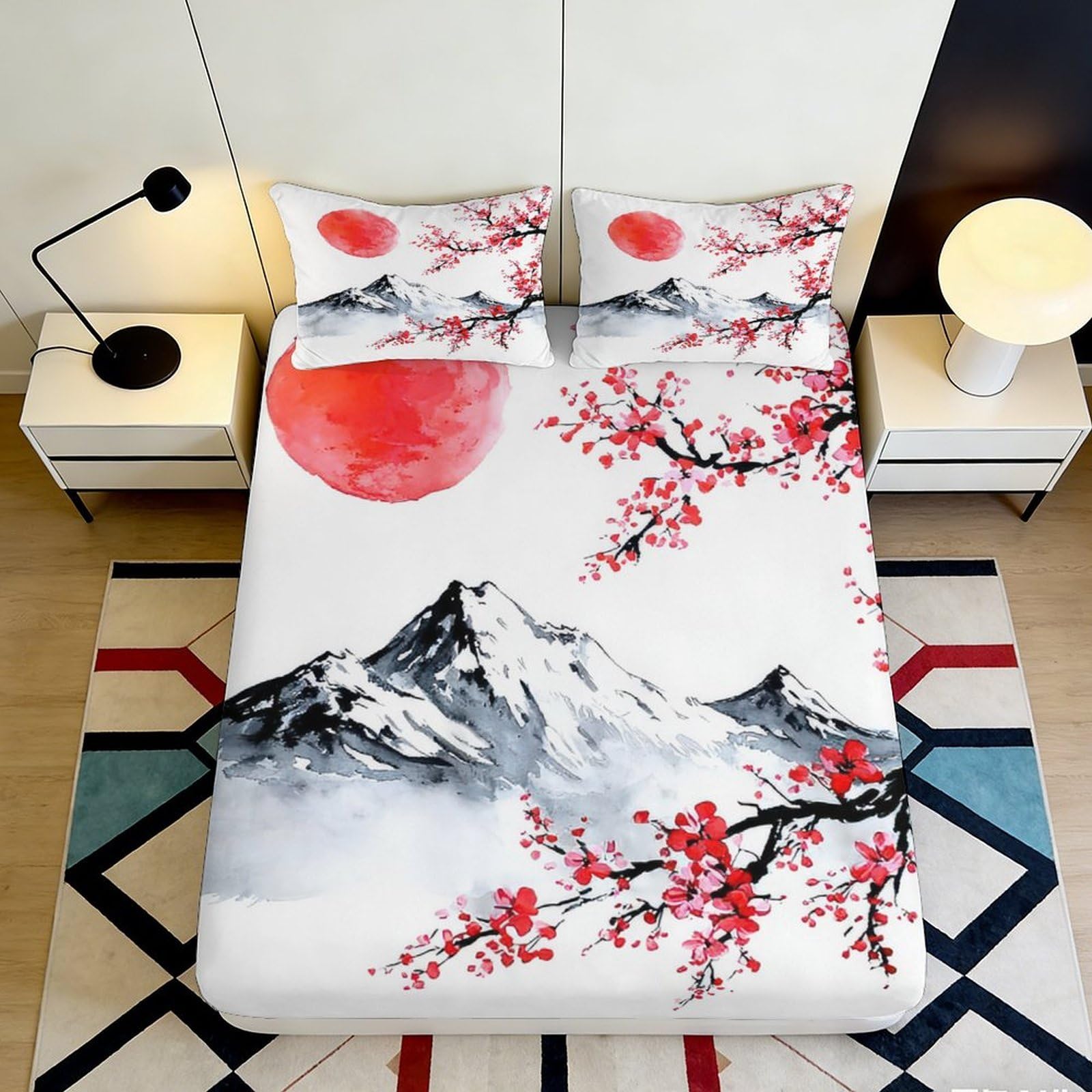3D Printed Red Sun Mountain Fitted Sheet Microfiber Artistic Blossom Bed Cover for Bedroom Guest Room Decor 90x200x25cm