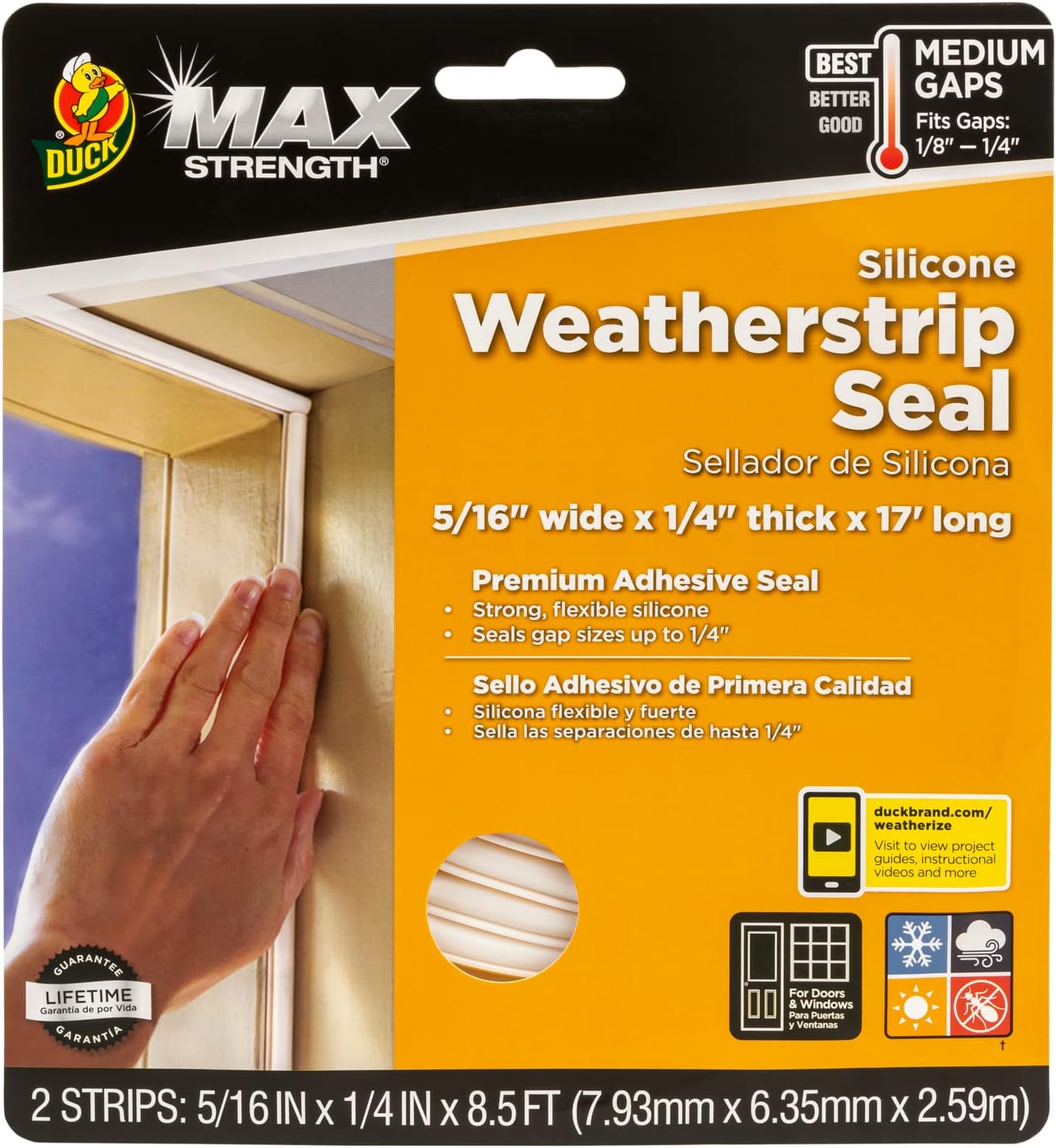 Duck MAX Strength Silicone Weatherstrip Seal, Self-Adhesive Premium Weatherproofing, .3125-Inch x .25-Inch x 17 Feet Long Total, White, 1-Roll, 281209