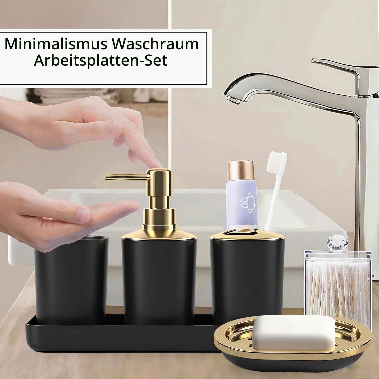 Badezimmer-Zubehör-Set, 9-teilig, Mülleimer, Seifenspender und Schale, WC-Bürste, Zahnbürstenhalter, Becher, Tablett, Wattestäbchen-Behälter, Arbeitsplatten-Organizer und Einweihungsgeschenk