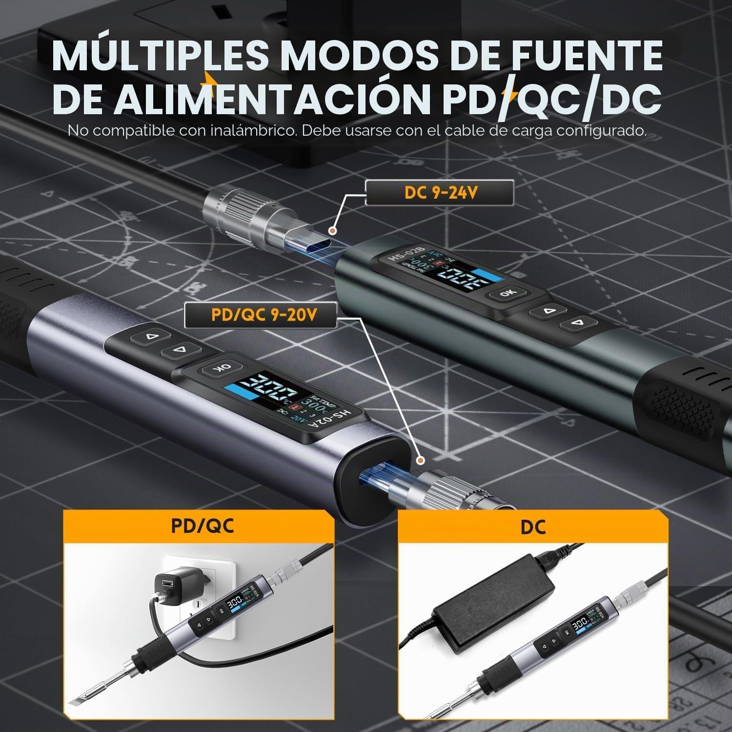 HS 02B Soldador Estaño,DC 9-24V Soldering Iron Calentamiento Rápido 212-842 ℉ 3 Ajustes De Temperatura Preestablecidos 3 Puntas De Soldadura Herramientas De Soldadura Electrónica