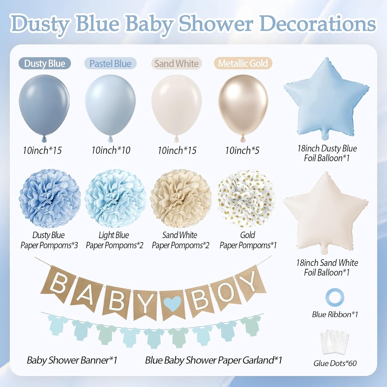Dusty Blue Baby Shower Decorations with Dusty Light Blue Sand White Gold Paper Pompoms Balloons Metallic Gold Balloons Banner for Grnder Reveal Baby Shower Decorations - Image 2