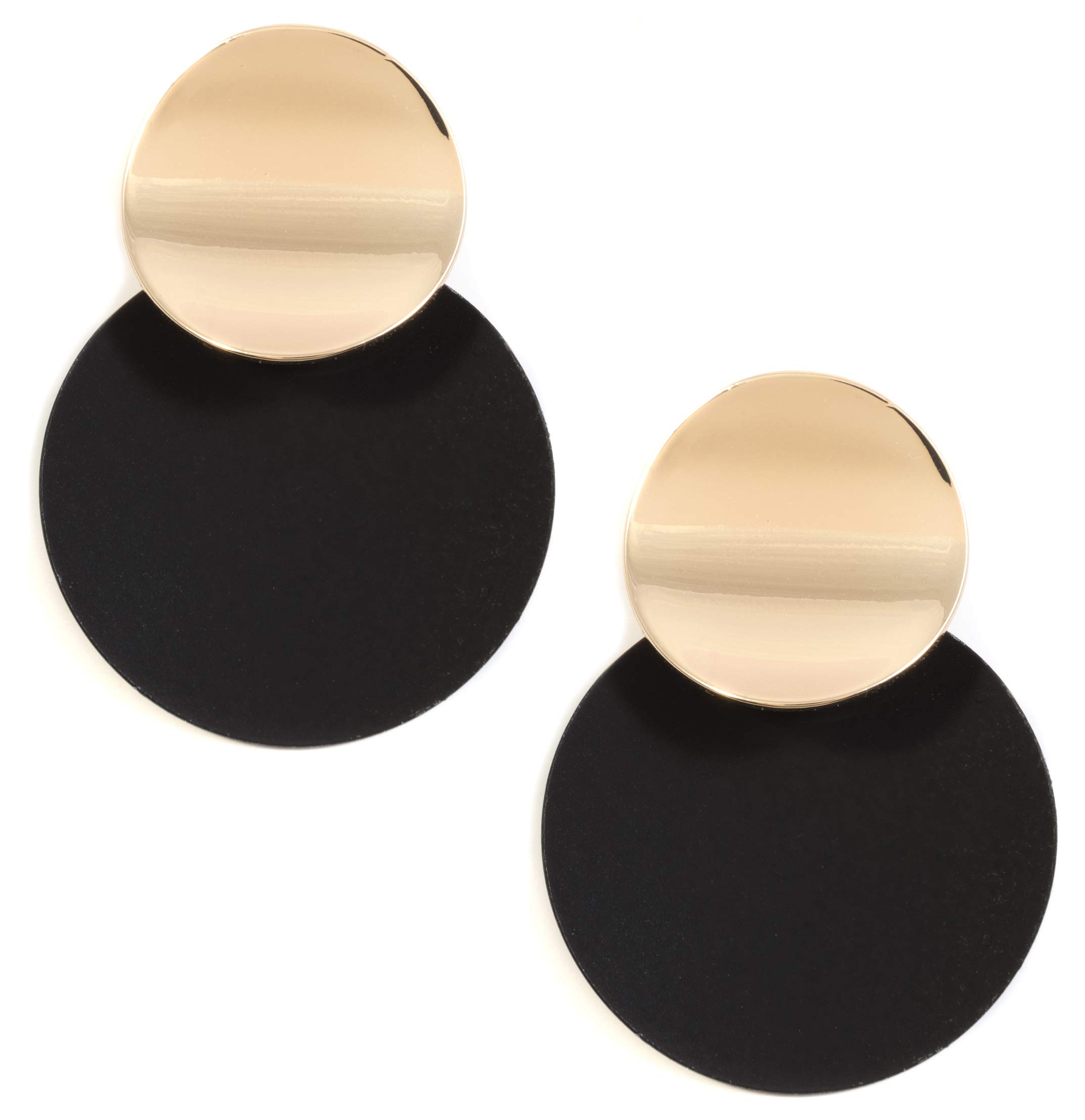 Happiness Boutique Damas Pendientes Llamativos de Círculo en Color Oro | Pendientes Grandes de Disco en Negro