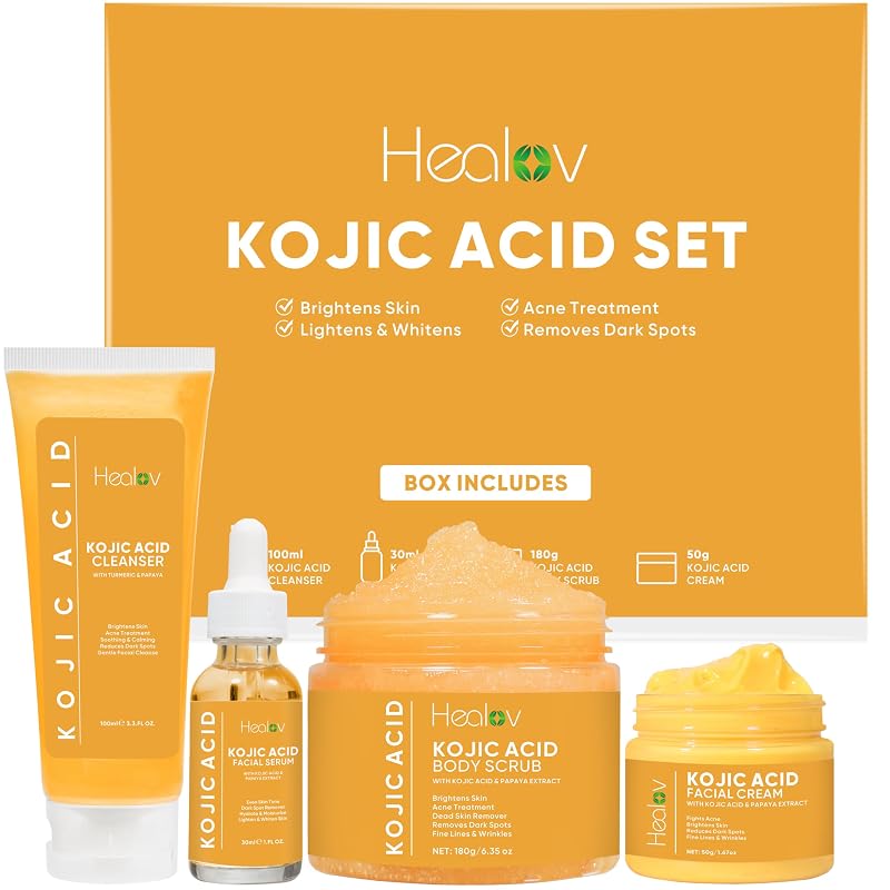 Kit de cuidados da pele Healov com ácido kójico, sabonete, esfoliante corporal, creme facial e sérum
