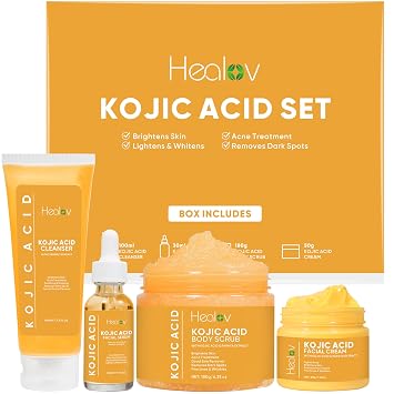 Kojic Acid Skincare Set Kojic Soap Cleanser, Exfoliating Body Scrub, Face Cream & Brightening Facial Serum Skin Brightening Hyperpigmentation Treatment, Dark Spot Corrector with Turmeric Papaya