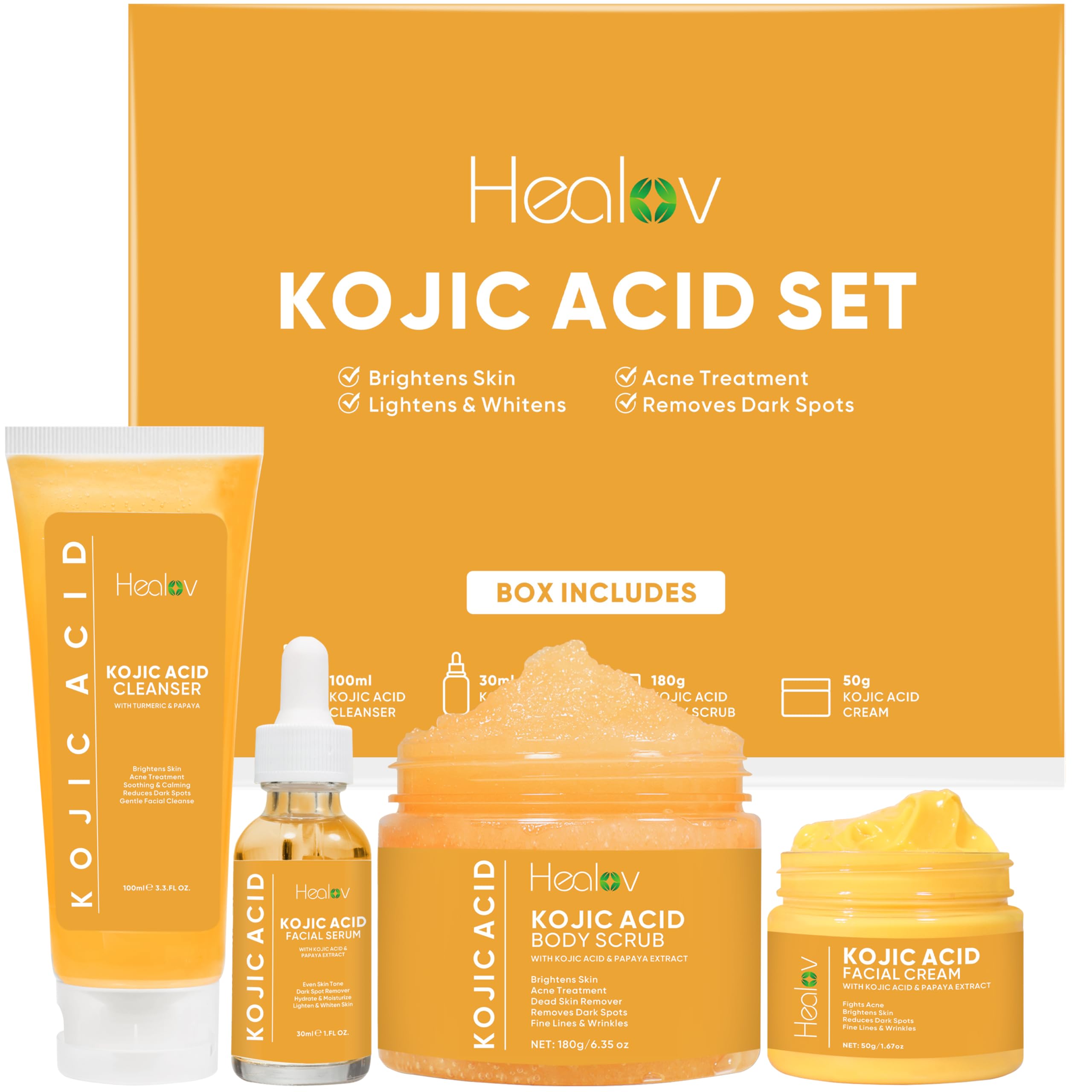 Kojic Acid Skincare Set – Kojic Soap Cleanser, Exfoliating Body Scrub, Face Cream & Brightening Facial Serum – Skin Brightening Hyperpigmentation