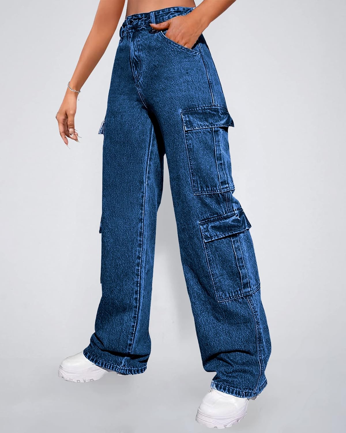 Women's High Waist Baggy Cargo Jeans Flap Pocket Y2K Streetwear Wide Leg Denim Pants - Image 6