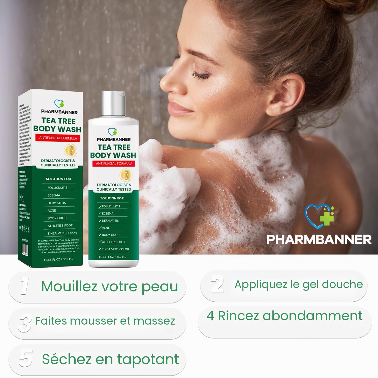 Tea Tree Gel douche antifongique : traitement de la folliculite pour la peau sujette à la dermatite, l'acné du visage et du corps, démangeaisons, pied d'athlète, teigne, tinea versicolor, odeur
