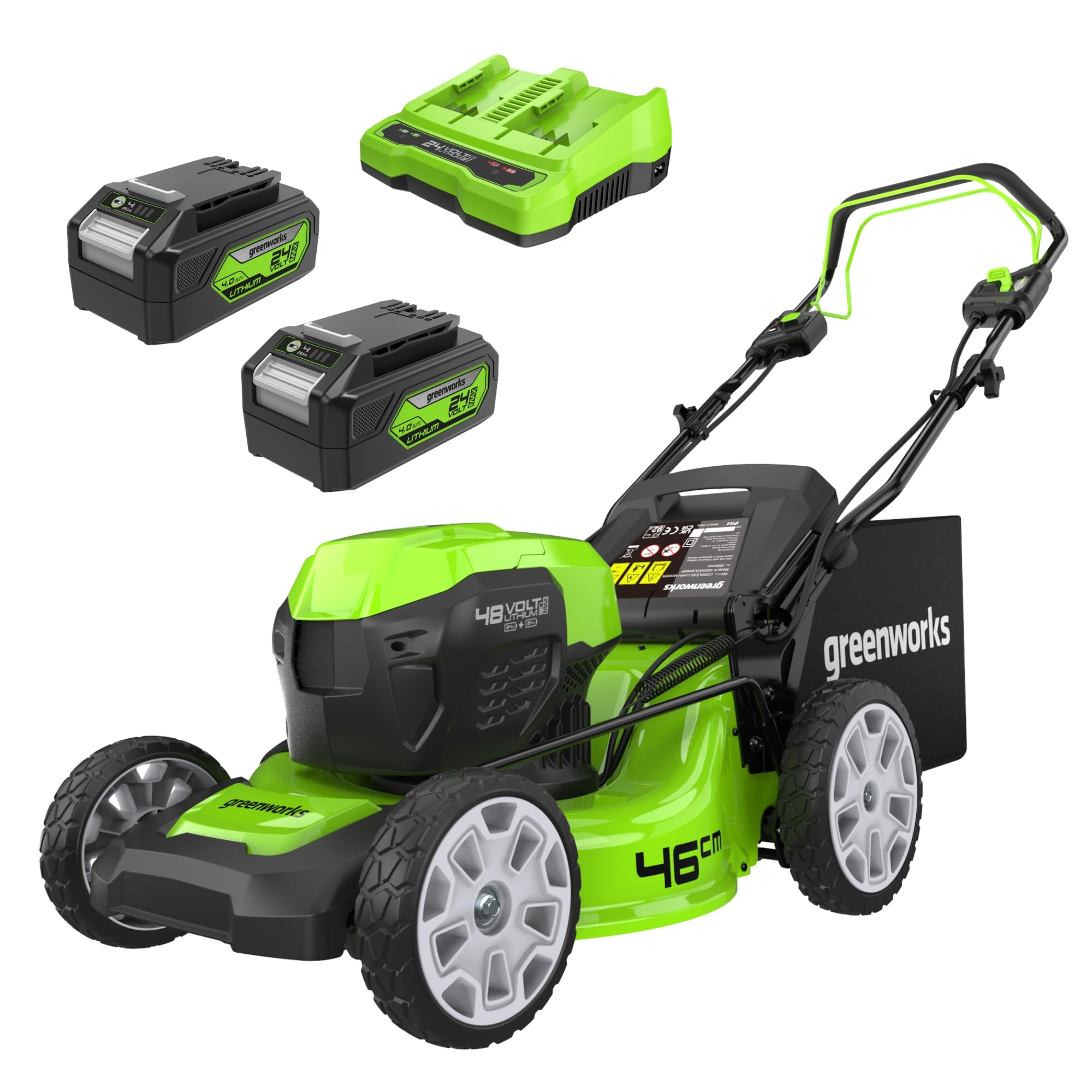 Greenworks 48V (24V x 2) Tondeuse à Gazon Sans Fil Autopropulsée, Largeur de Coupe 46cm, Sac 55L, 2x24V 4Ah, Chargeur Double