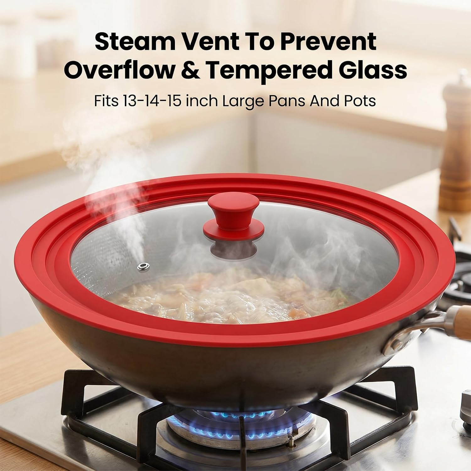 Universal Lid for Pots Pans Fits 13", 14" and 15" Diameter Cookware | Frying Pan Lid for Skillets, Tempered Glass with Heat Resistant Silicone Rim, Replacement Frying Pan Cover, Large Oversized