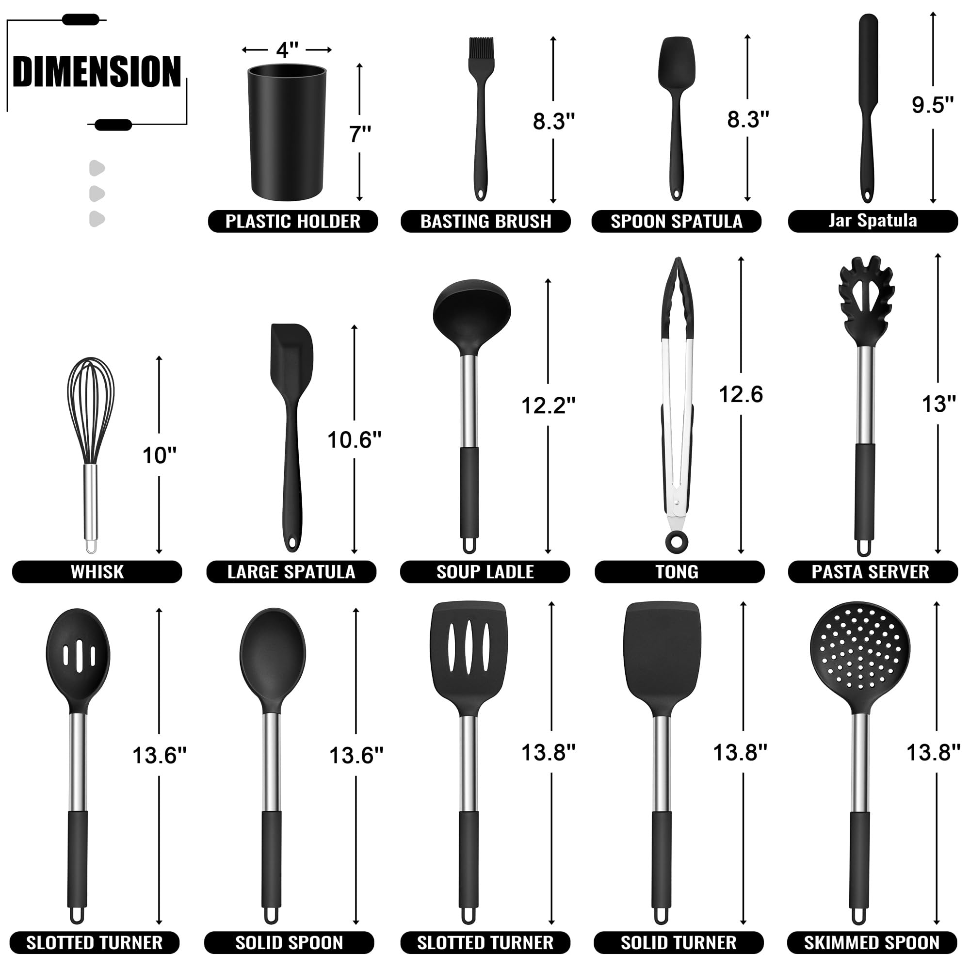 E-far 14 Pieces Silicone Cooking Utensils Set, Kitchen Utensils Set with Holder, Spatula, Ladle, Spoon, Tong, Slotted Turner for Nonstick Cookware, 446°F Heat Resistant & Stainless Steel Handle, Black