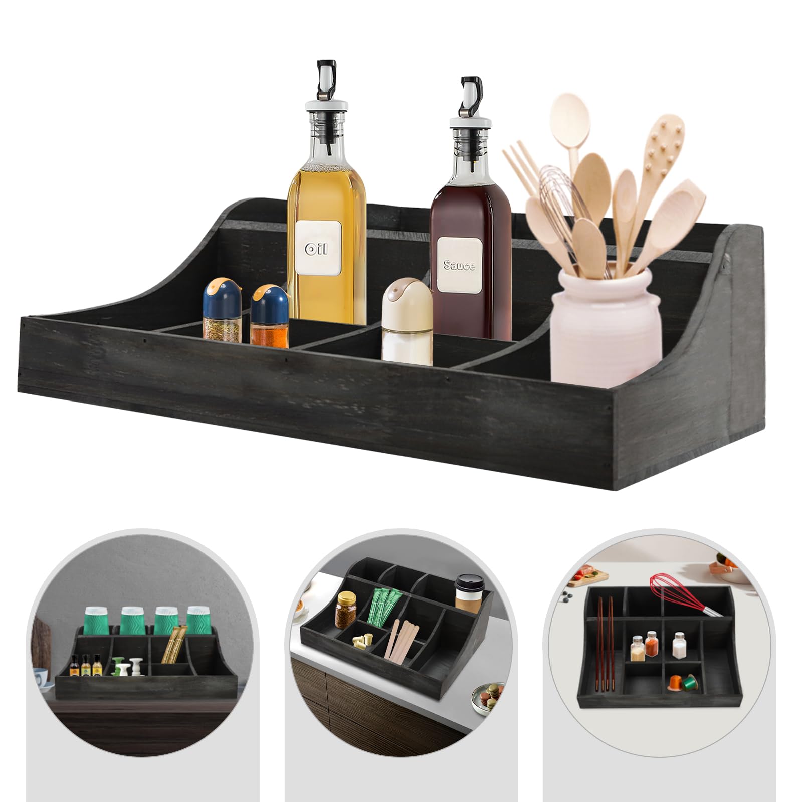 LINISHOP Condiment Organizer 9-Compartment Organizer Wooden Condiment Holder Tabletop Pine Condiment Organizer Coffee & Tea Organizer Holder for Home Kitchen Office, 16.25 * 12.5 * 6.25in (Black)