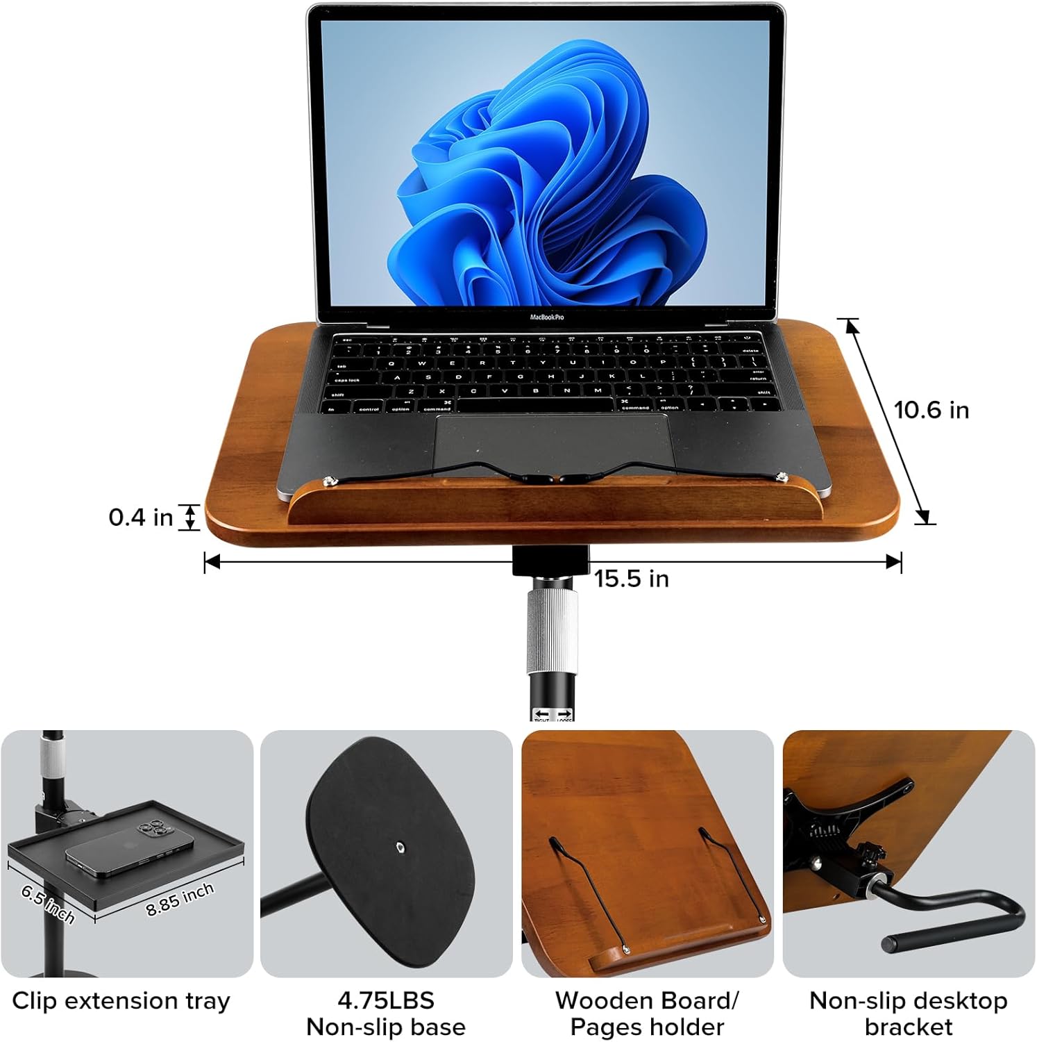 2-in-1 Dual-use Floor & Desktop Book Stand, Heavy Duty Wooden Music Stand with Adjustable Height from 16.5" to 51", Book Holder with Elastic Page Clips & Tray for Cookbook,Magazine,Laptop, Projector