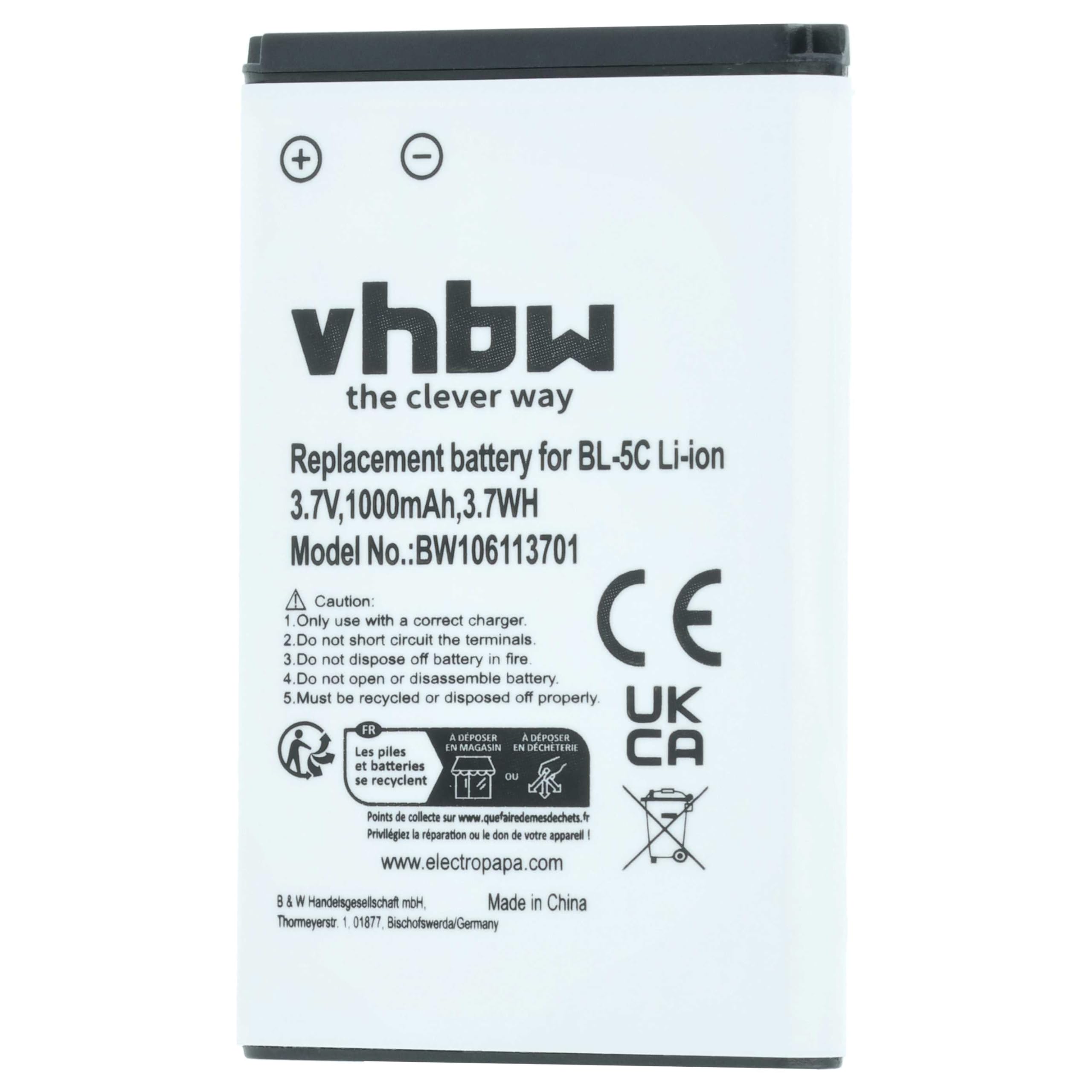 vhbw Akku Ersatz für Nokia 0106G20624418, BL-5C, BL-5CA, BL-5CB, RTX 60020436, 0670397417535 für Handy Smartphone Telefon (1000 mAh, 3,7 V, Li-Ion)
