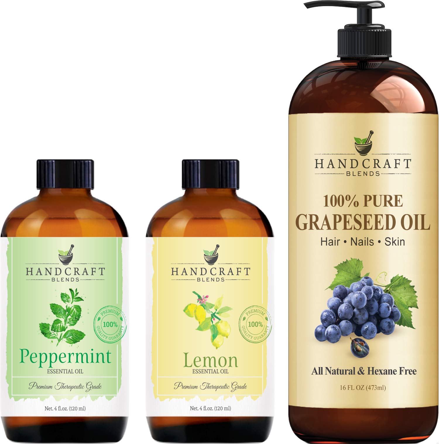 Handcraft Blends Grapeseed Oil with Peppermint Essential Oil and Lemon Essential Oil Set – 100% Pure and Natural Oils – Carrier Oil for Essential Oils Mixing, Aromatherapy Oils and Massage