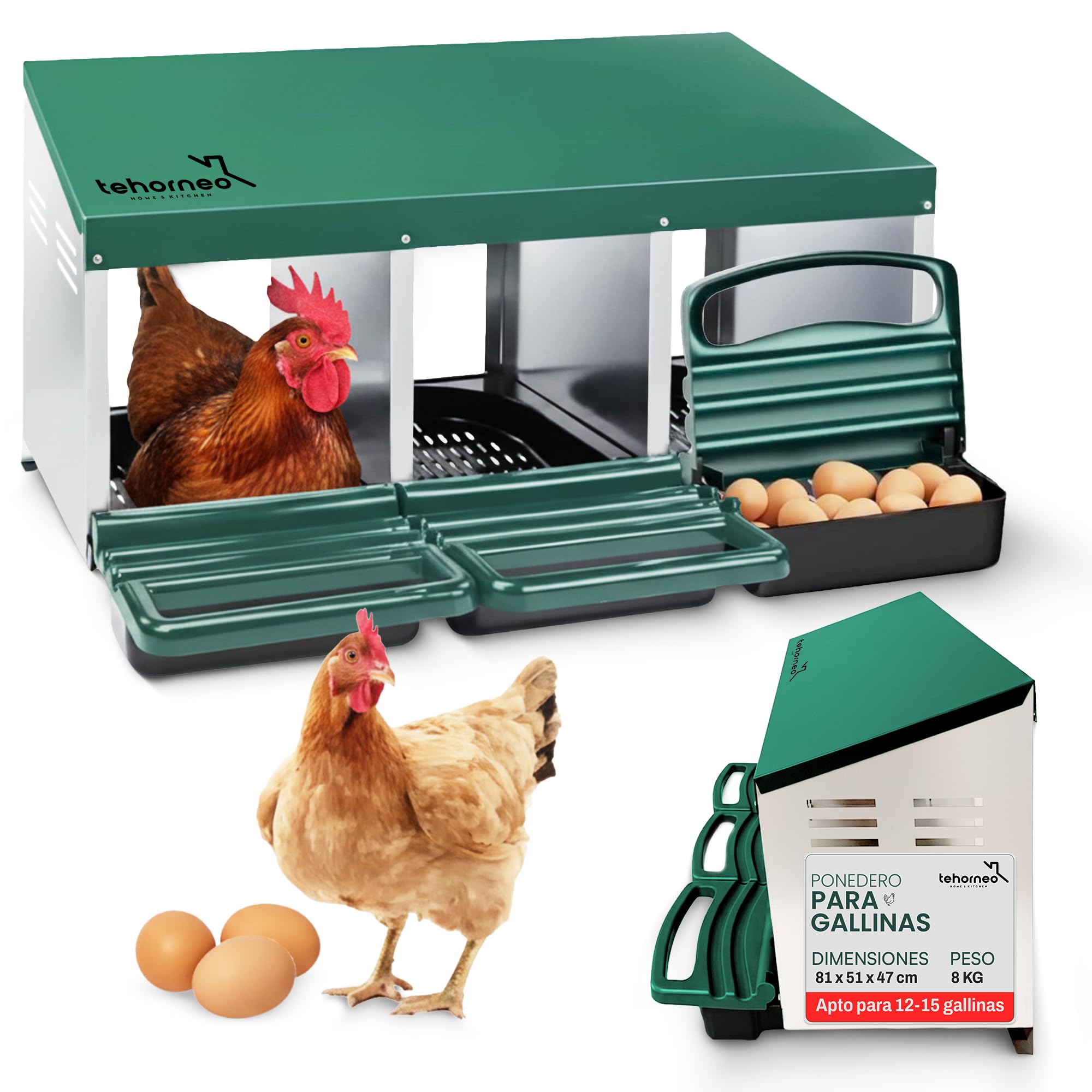 TEHORNEO Ponederos para Gallinas, Ponederos Gallinas 81x51x47 cm de Acero Galvanizado con 3 Departamentos, Apto para 12-15 Aves Ponedoras, Jaula Exterior, Montaje sin Herramientas