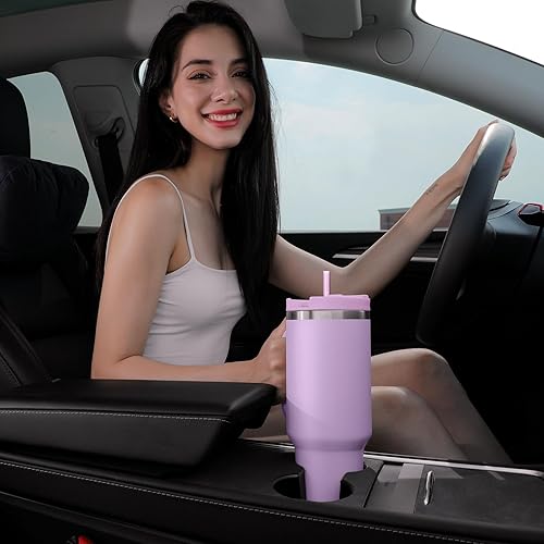 Miniatura 4 de Vaso de 40 onzas con asa de acero inoxidable reutilizable de doble pared con aislamiento al vacío, tapa a prueba de fugas y pajilla para bebidas