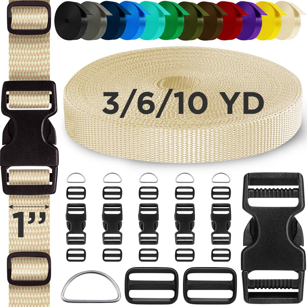 TECEUM Buckles & Strap Kit – 1" Cream Nylon Webbing 6 (yd) – 6 Heavy Duty Adjustable Plastic Buckles – 12 Tri-Glide Slide Clips – 6 Metal D-Ring –