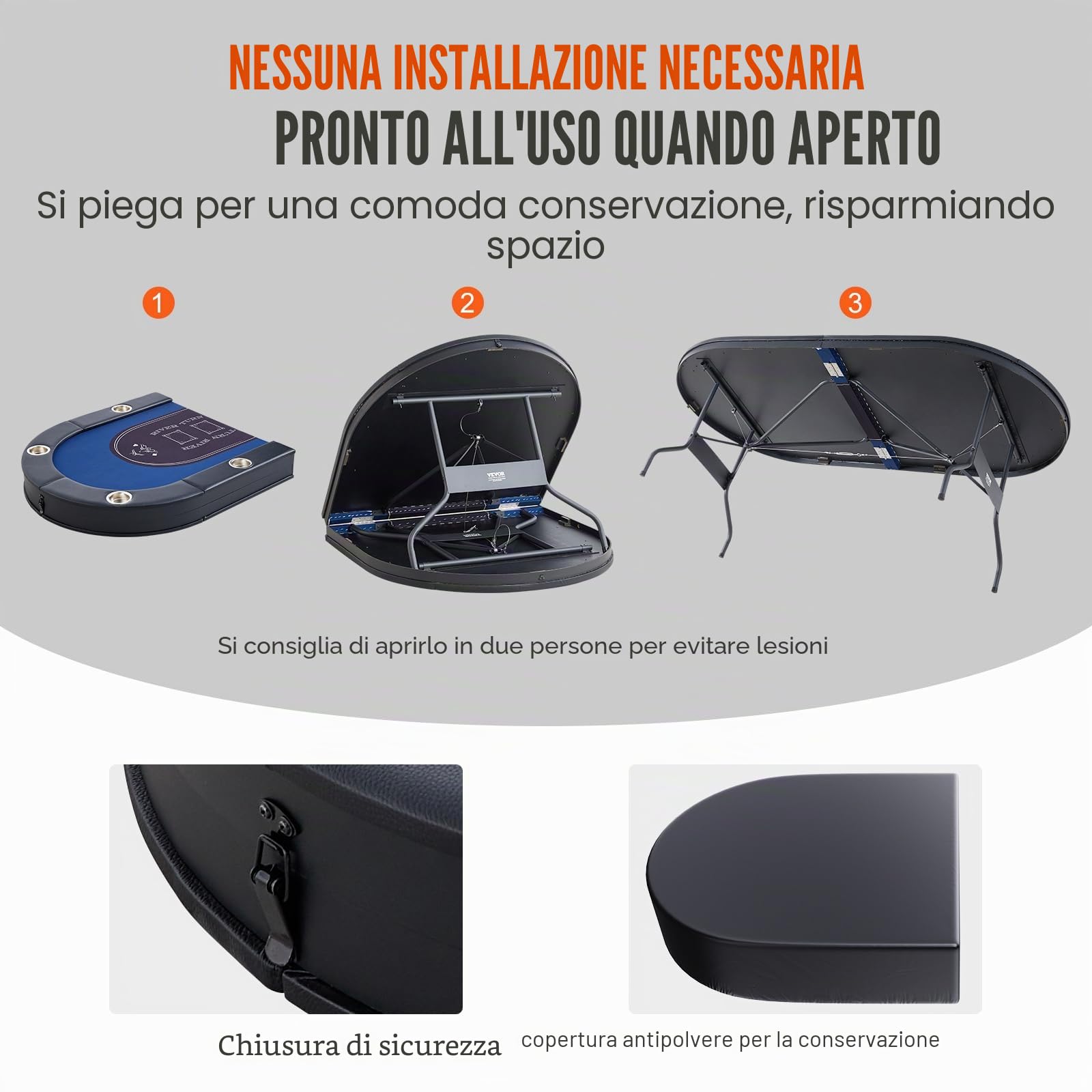VEVOR Tavolo da Poker Pieghevole, 1830 x 820 x 720 mm, Nero e Blu, per 8 Giocatori, Copertura Antipolvere