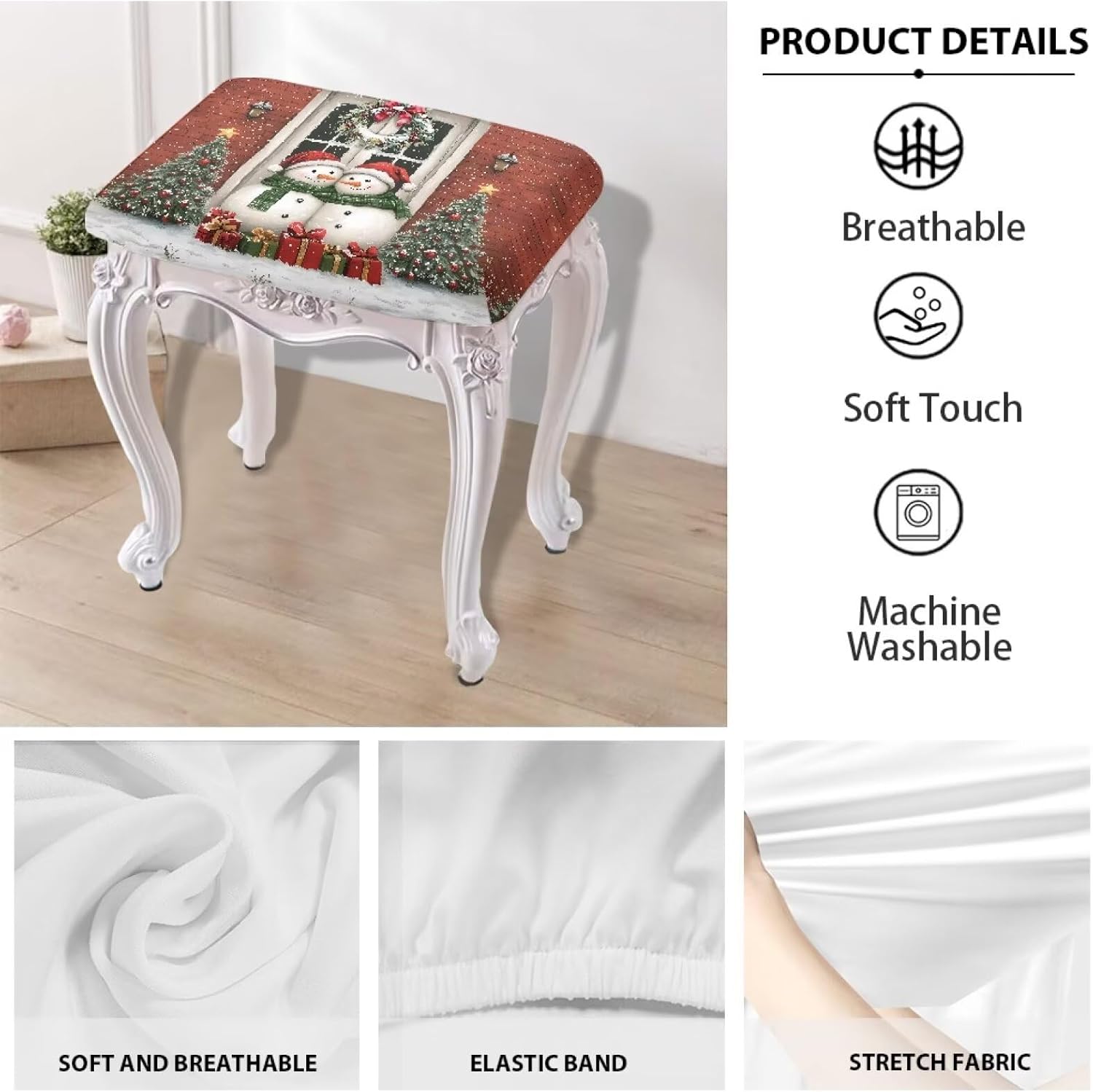 Christmas Snowman Stool Cover Rectangle Saddle Bar Stool Slipcover Soft Kitchen Island Chairs Cushion Protector for Home Pub Dining Room Cafe Furniture Decor 4 pcs