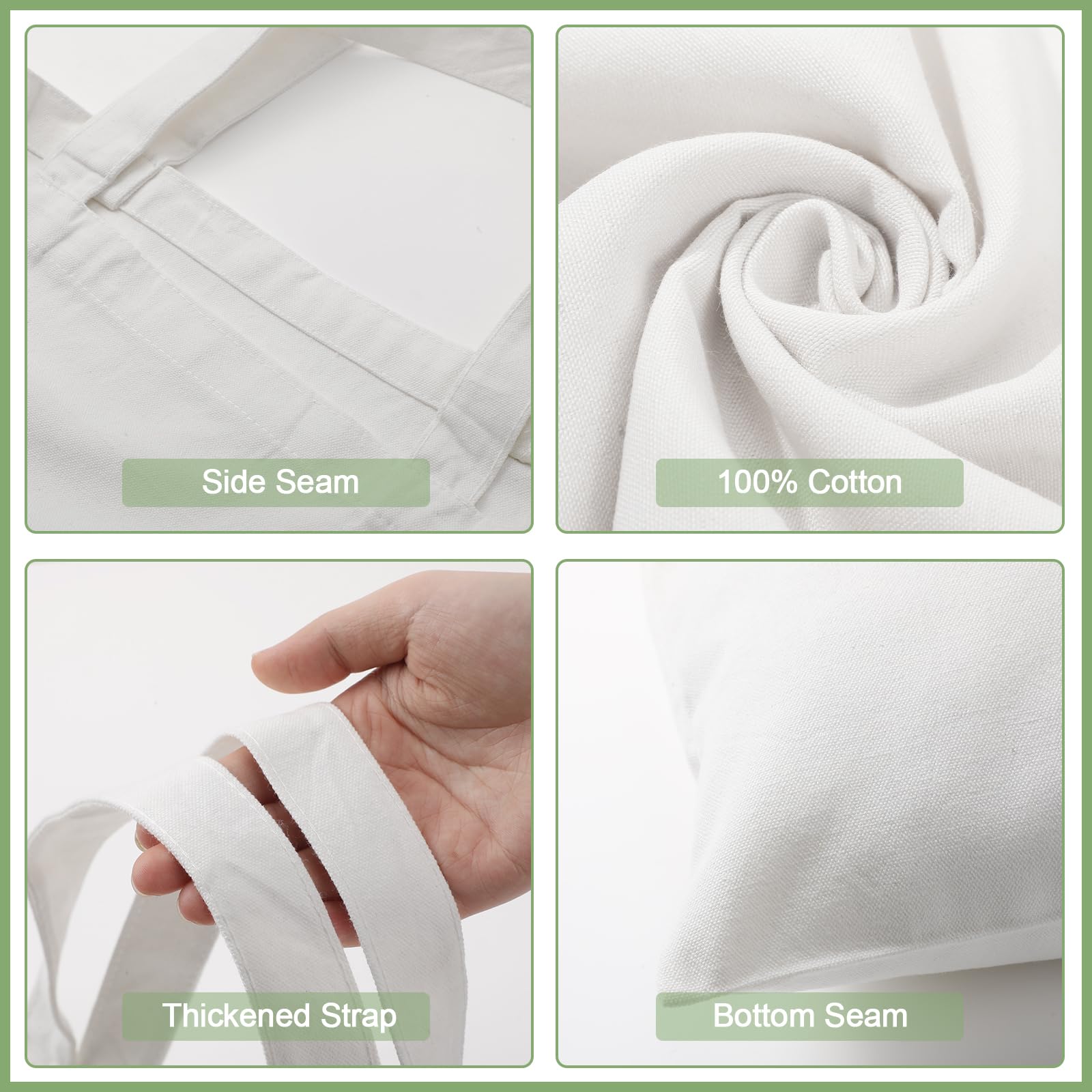 Roowest Lot de 120 sacs fourre-tout vierges en coton réutilisables avec longue poignée pour homme et femme, 38,1 x 40,6 cm, blanc