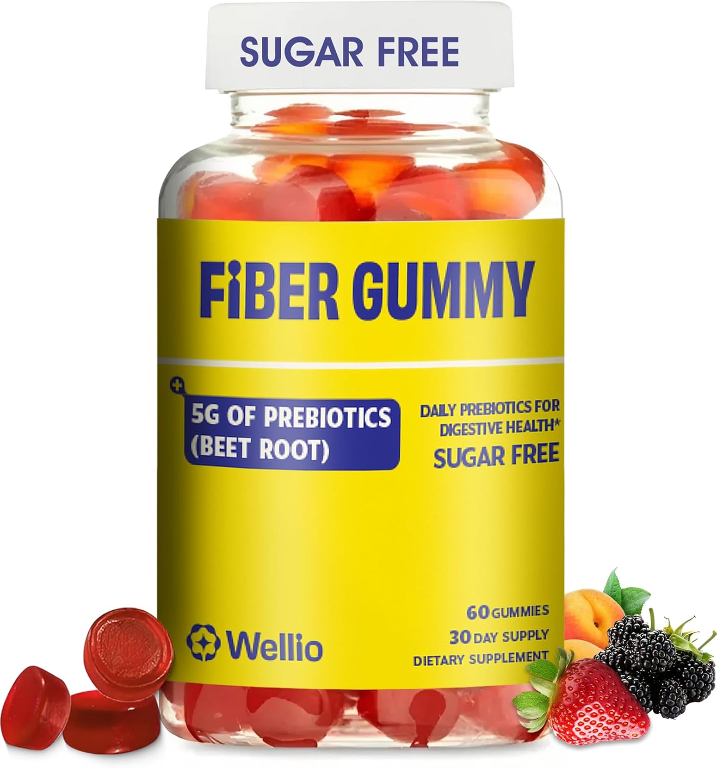 Fiber Gummies for Adults – Sugar Free Prebiotic Fiber Supplement with FOS, GLP-1 & Digestive Support – 5g Natural Fiber per Serving – Non-Stick Fruit Flavor – 60 Count – Made in USA