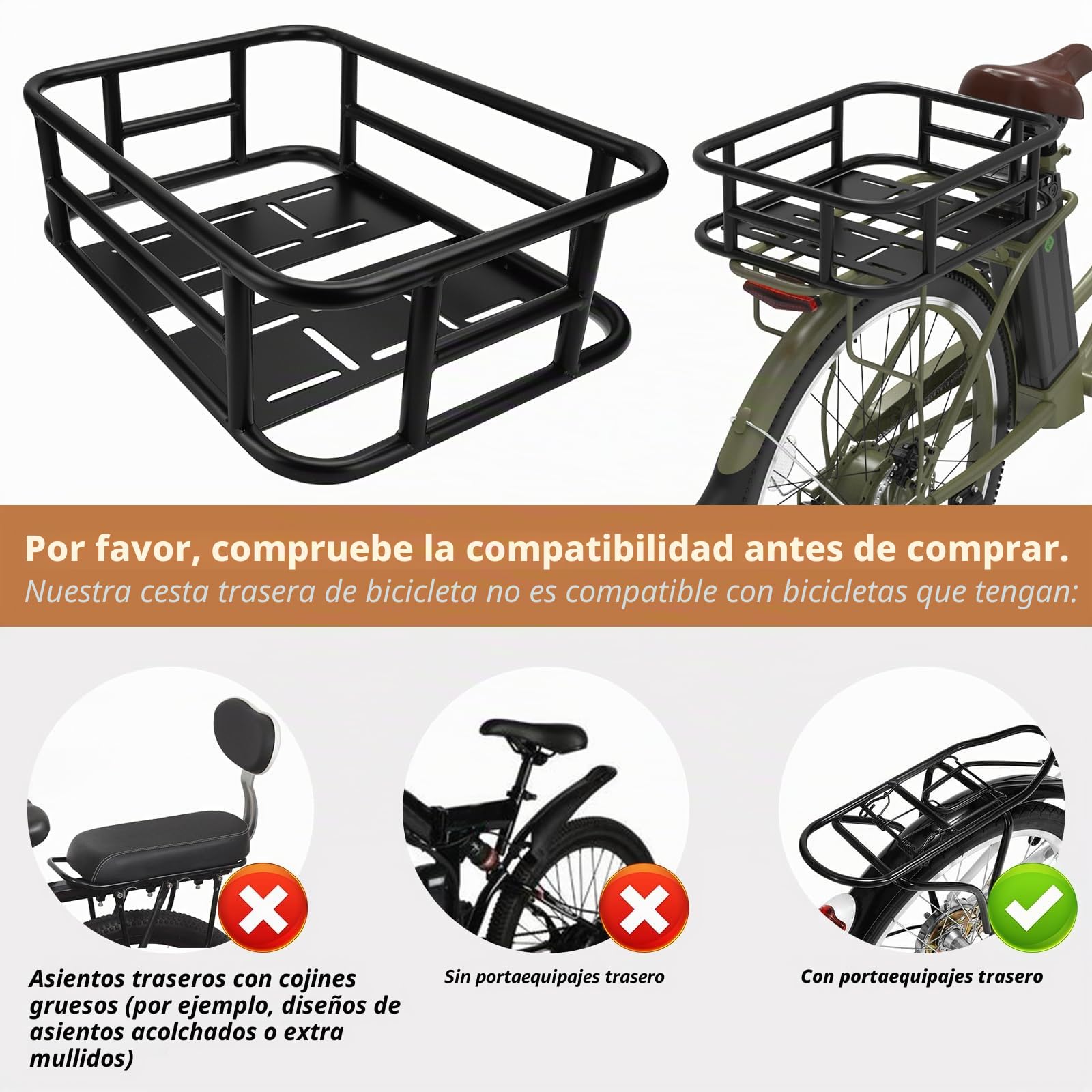 Cesta trasera para bicicleta, cesta impermeable con forro y red de carga, cestas grandes y resistentes para la mayoría de bicicletas