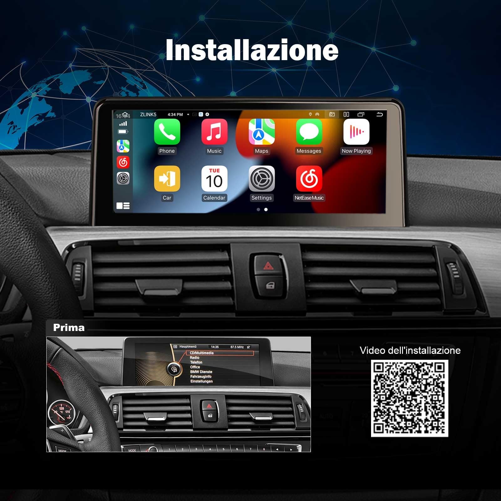 Erisin Qualcomm 10.25" CarPlay Android 16 Display Monitor Upgrade Autoradio GPS Navigatore per BMW Serie 3 F30 F31 F34 Serie 4 F32 F33 F36 M3 M4 NBT Supporta Schermo IPS BT DAB+ WiFi 8-Core 4GB+64GB