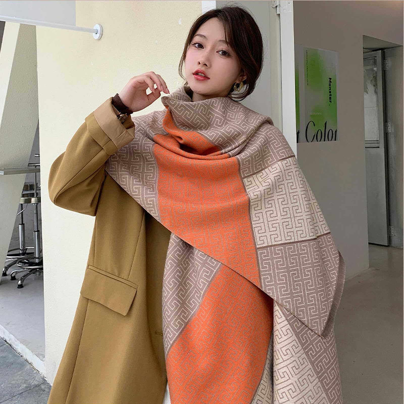 Sciarpa Donna Sciarpa Femminile Imitazione Cashmere Neck Scarf Autumn E Inverno A Forma di Sciallo Lungo A Forma di Scialpa A Doppia Faccia-Arancia Nera