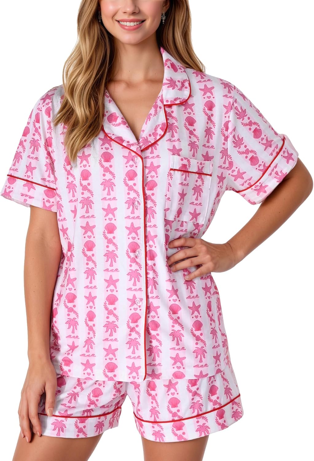 Pajamas for Womens Set Summer 2 Pece Pjs Matching Shorts Set Loungewear Palm Sleepwear for Beach Vacation, Holiday