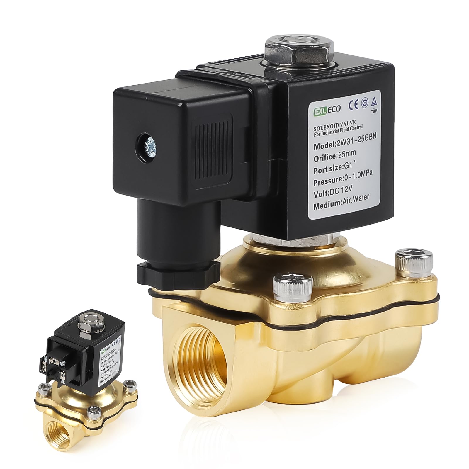 EXLECO Elektryczny zawór elektromagnetyczny 12 V DC z mosiądzu G1" elektromagnetyczny zawór elektromagnetyczny do wody DN25 0-10 bar Normalnie zamknięty zawór wody NC bezpośrednie działanie mosiężny