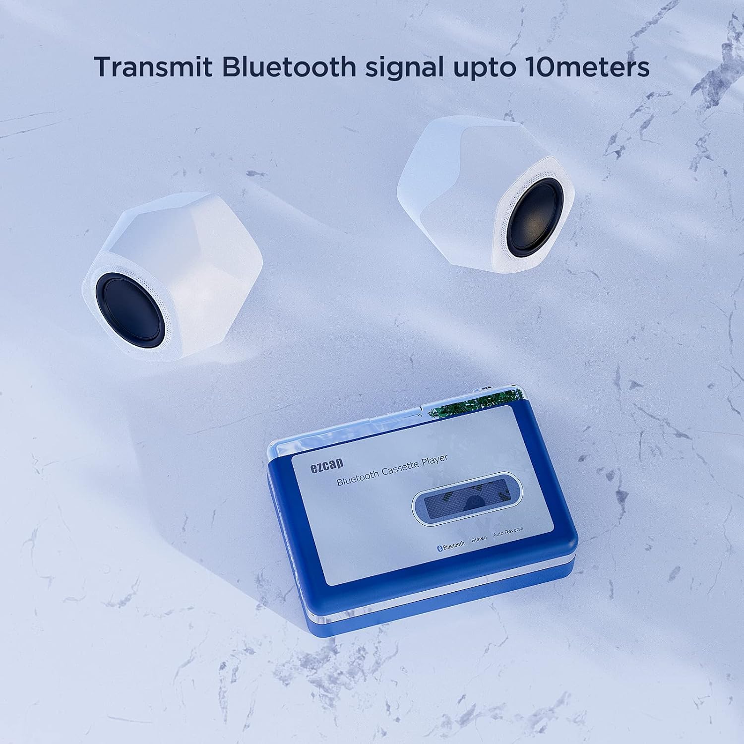 Ezcap Bluetooth Cassette Player transmitting audio wirelessly to two Bluetooth speakers, demonstrating a transmission range of up to 10 meters.