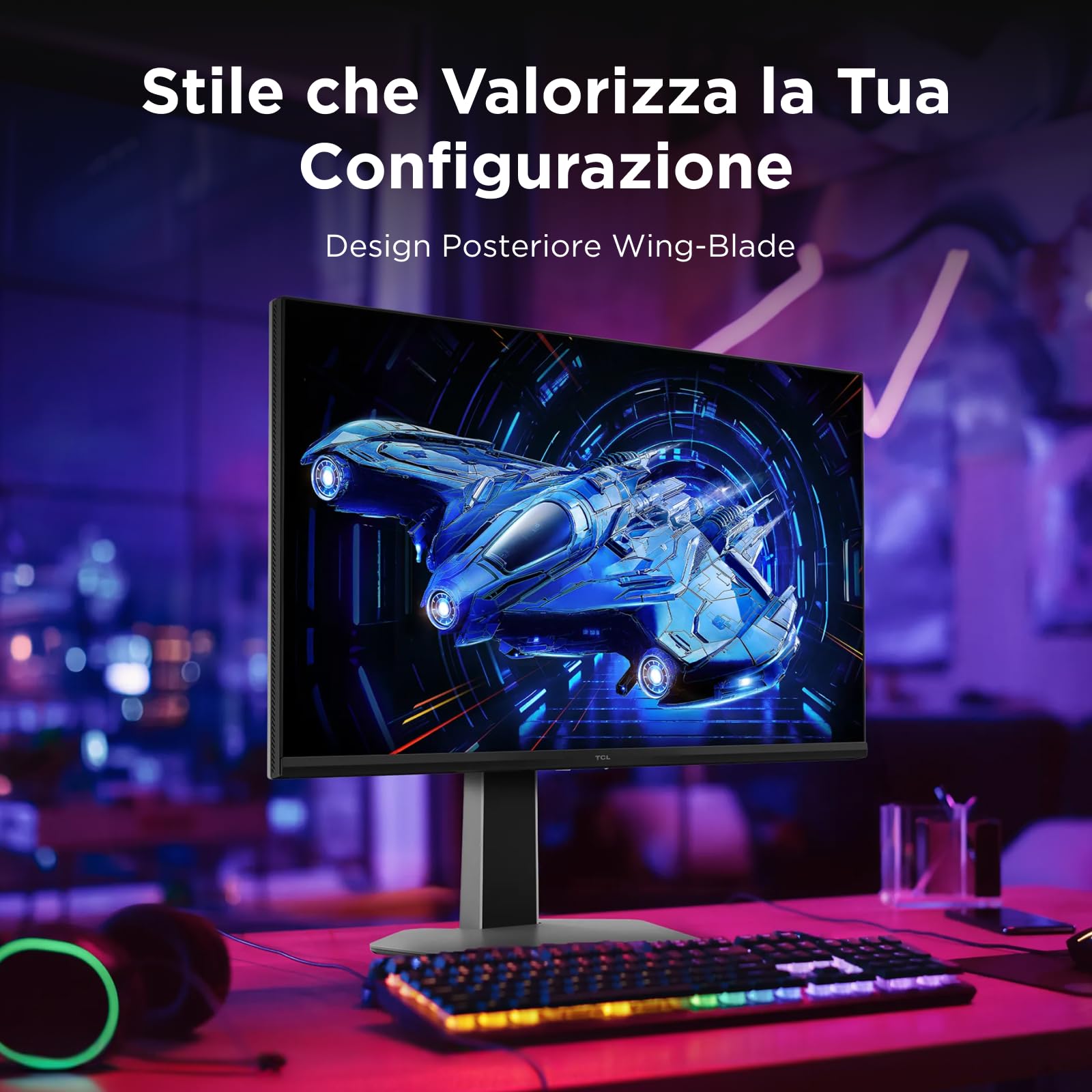 TCL 27G64 Gaming Monitor LED QD Mini da 27 polliciitem namerisoluzione QHD,180 Hz,parnello Fast HVA,HDR 600 nit, tempo dirisposta GTG di 1ms, compatibilità AMD Freesymc, G-Sync