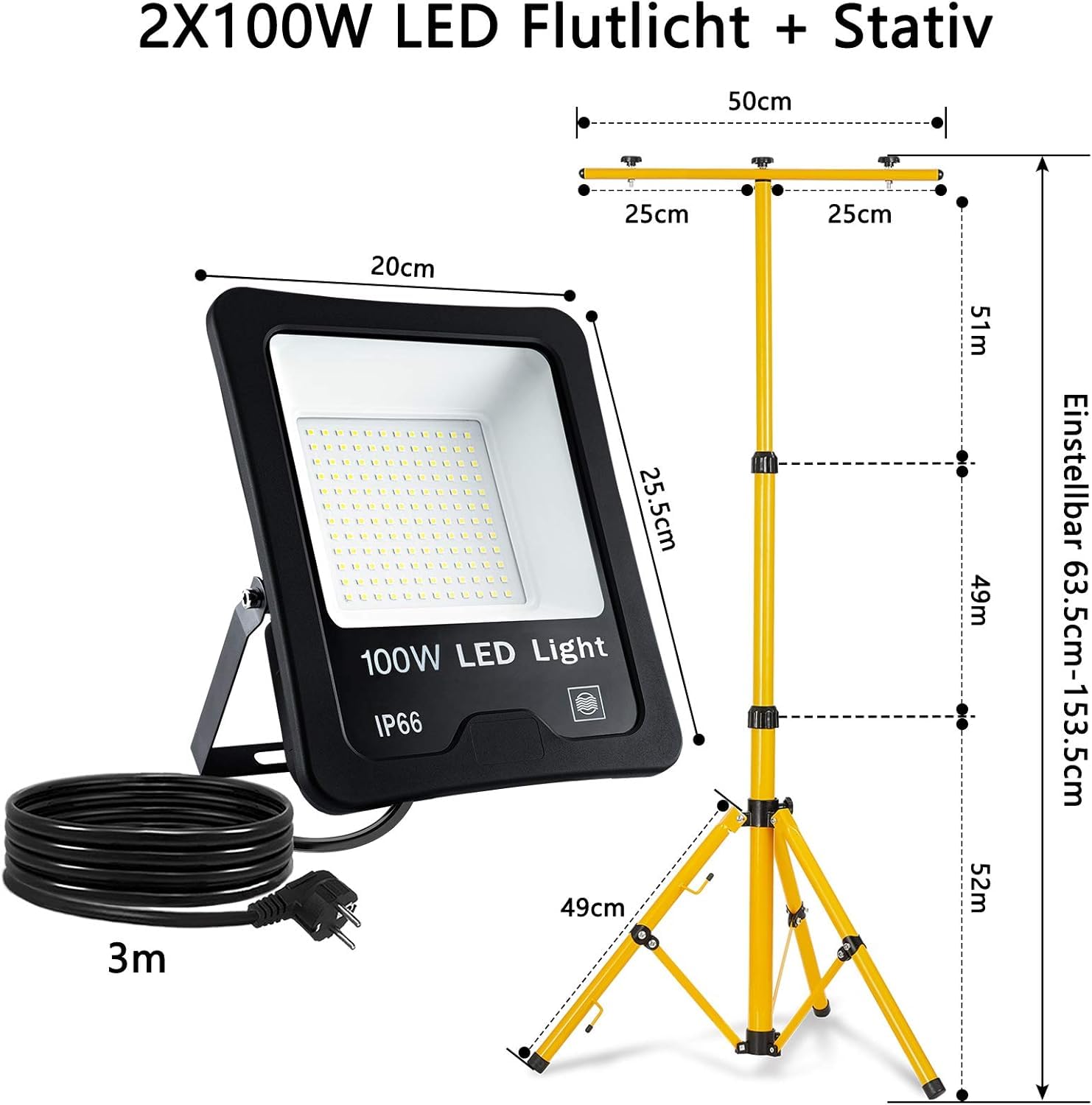 FIVMEN Baustrahler 2x100W 8500LM LED Strahler Arbeitsleuchte mit Verstellbarer Stativ und 3m Kabel Stecker Baulampe Arbeitsscheinwerfer Wasserdicht IP66 für Garage Werkstatt Baustelle, Kaltweiß