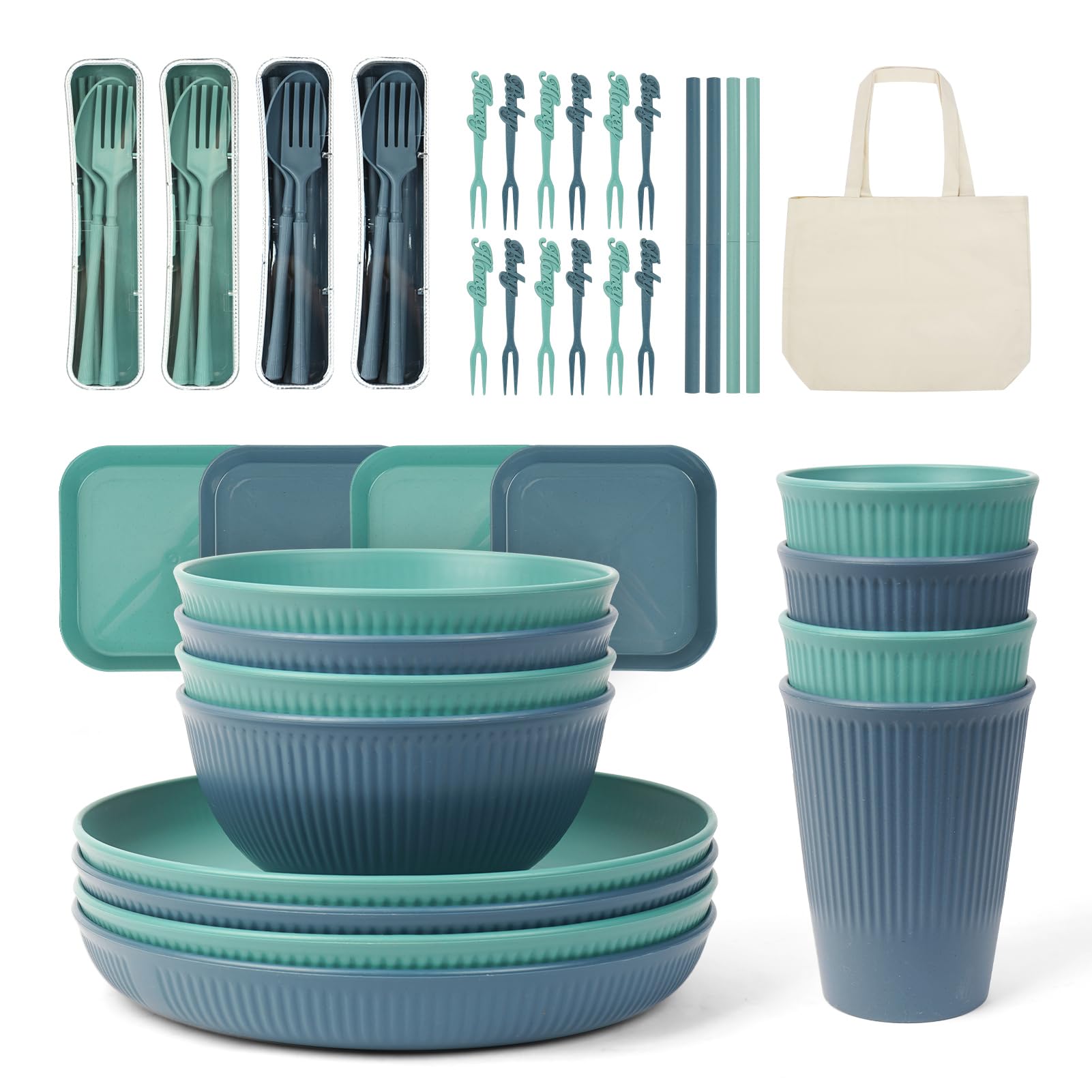 ZgoEC53 Pieces Camping Tableware Set for 4 People, Unbreakable Camping Tableware for 4 People, Lightweight Plastic Tableware Set with Carry Bag, Stackable Plate Bowls, Picnic Dinner Service for BBQ
