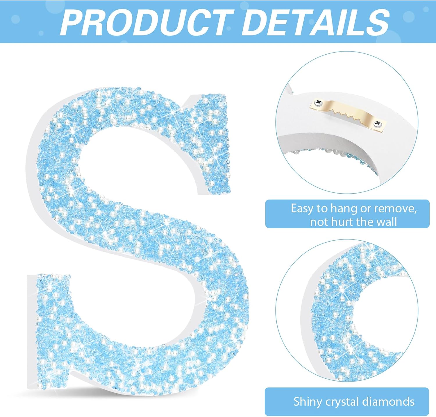 8 Inch Blue Rhinestone Bling Letters Glitter Crushed Diamond Decor,Letter S image 3