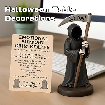 Gothic Reaper Emotional Support Figurine, Halloween Grim Resin Sculpture Ornaments, Hand-Painted the Reaper Statues Accessories with Emotional Support Card Desk Decoration, Encouragement Gift Decor