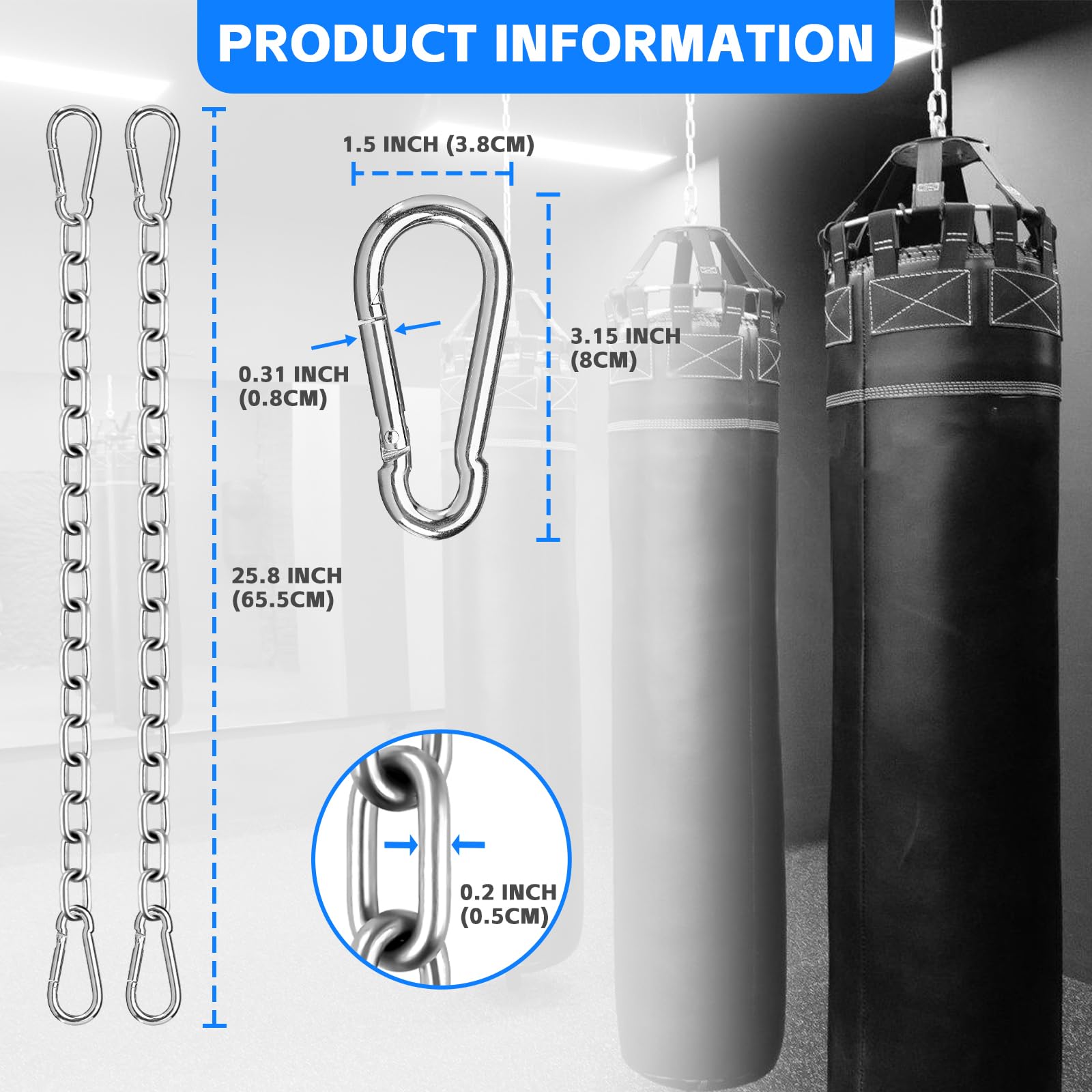 Confezione da 2 catene per sacco da boxe, resistenti catene altalena da appendere con 4 moschettoni, capacità 250 kg, kit hardware per amaca, altalena, amache, trapezio, yoga, palestra interna ed