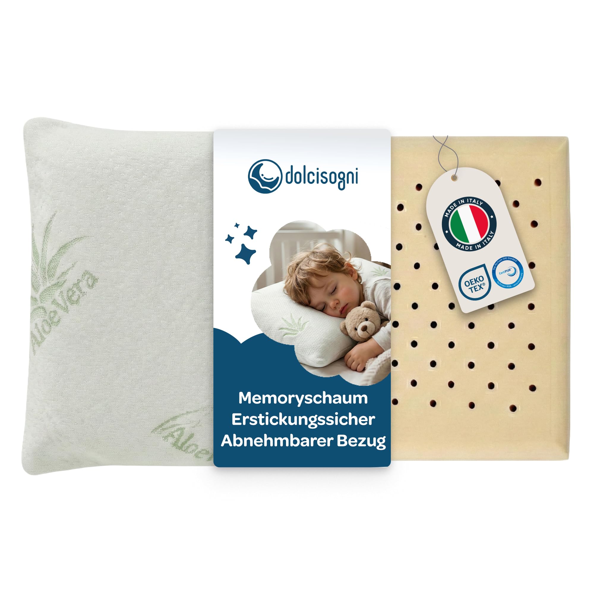 DOLCI SOGNI Kinderkopfkissen aus Memory Foam - Kissen Kinder 50 x 30 cm - Kinderkissen ab 2 Jahre mit Aloe Vera Bezug - Atmungsaktiv, Waschbar & Ergonomisch für Gesunden Schlaf - Made in Italy