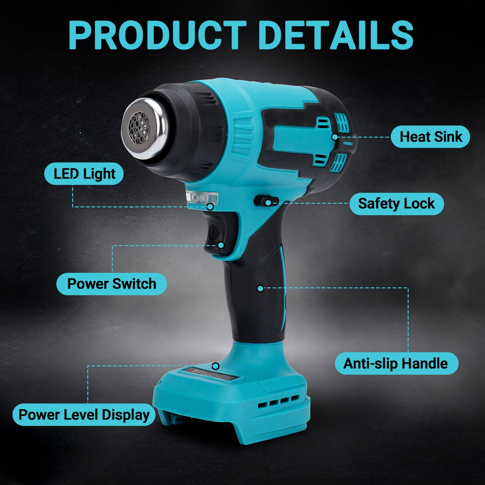 Pistola de aire caliente sin cable compatible con Makita 18V batería, Pistola de calor sin escobillas con 3 boquillas y 2 ajustes de temperatura para secado, curvado de tubos, eliminación de pintura