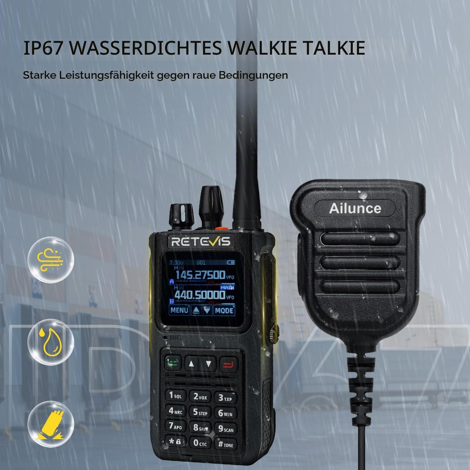 Retevis C1 Dual Band Amaeurfunkgerät mit Mikrofon, Walkie Talkie Long Range, Wasserdicht IP67, Rauschunterdrückung, Anrufalarm,1800 mAh, Portable Radio für Waldrettung (Schwarz, 2 Stück)