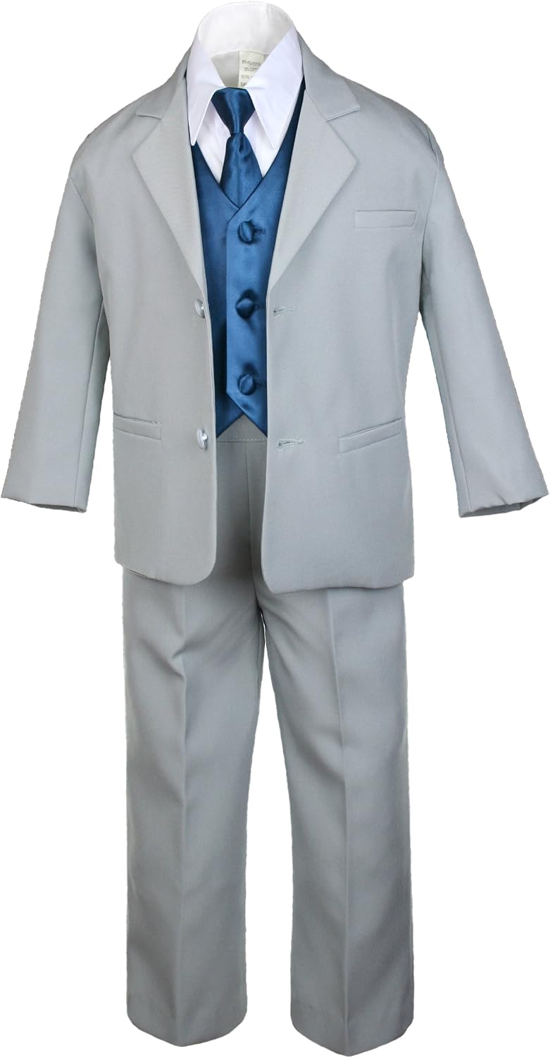 7pc Boys Silver Suit with Satin Green Teal Vest Set from Baby to Teen