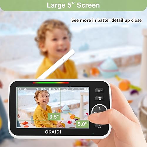 Miniatura 3 de OKAIDI Monitor de bebé HD de 5 pulgadas con cámara y audio, pantalla de 720P, batería de 5000 mAh, panorámica e inclinación remota, zoom 3X, visión