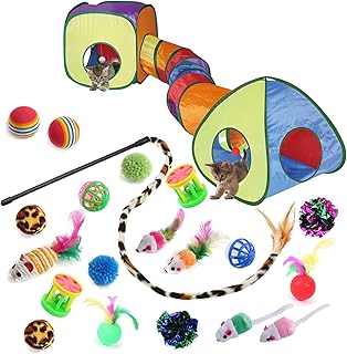 GONPETGP Cat Toys for Indoor Cats, Kitten Toys Set, Collapsible Pet Tunnel Cube Tent Toys, Interactive Cat Feather Teaser Wand Cat Bell Balls Fuzzy Ball Springs Mouse Toys for Cat Kitty (Rainbow)