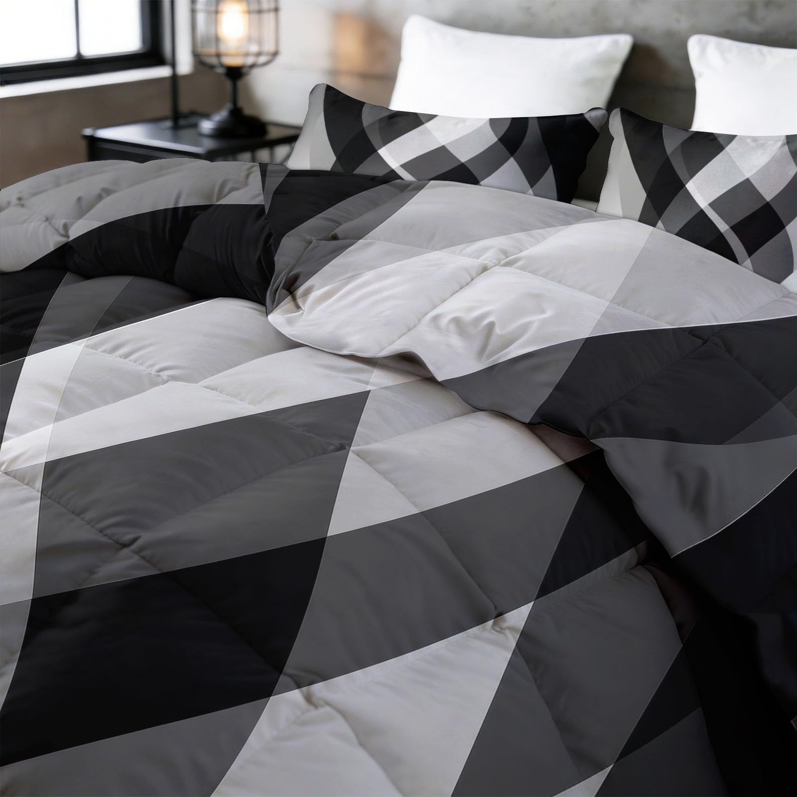 Podwójna kołdra bez pokrowca 200 x 200 cm, 7,5 Tog, abstrakcyjna, geometryczna, czarno-białe linie, dwustronna, pikowana pościel z 2 poszewkami na poduszki, lekki kolor, miękka i oddychająca, można
